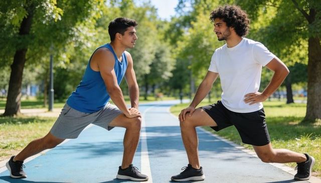 Young men stretching and lunging on blue running track in sunny park