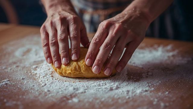 Hands Kneading Dough on Flour-Dusted Countertop