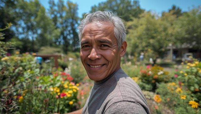 Smiling Senior Man in Vibrant Garden on Sunny Day