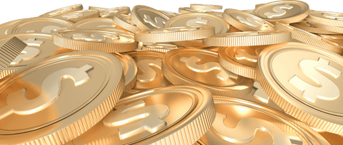 Transparent stack of shiny gold coins with dollar symbols
