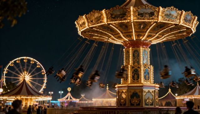 Vintage swing carousel spinning under carnival lights with ferris wheel at night