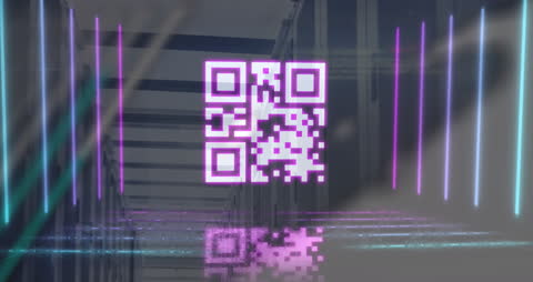 Pink QR Code with Neon Lights in Virtual Server Room