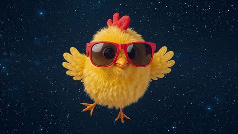 Cosmic chicken: fluffy yellow cartoon chicken wearing red sunglasses