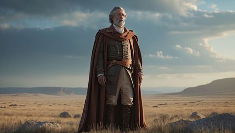 Senior traveler in fantasy cloak exploring arid grassland