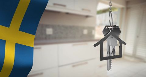 Swedish real estate investment concept with key and flag