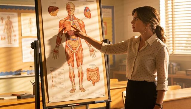 Female teacher pointing at anatomy chart in sunlit classroom, explaining human body