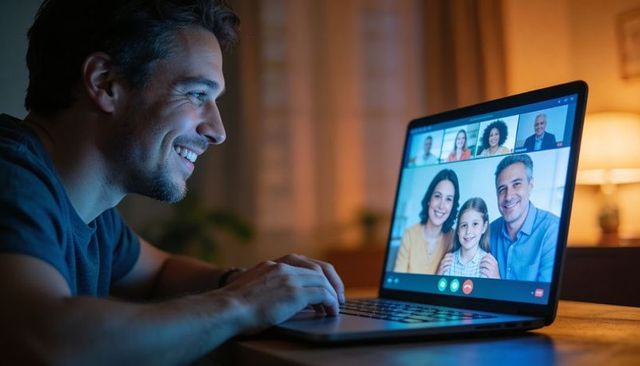 Smiling man having video call with family on laptop in cozy warm home evening atmosphere