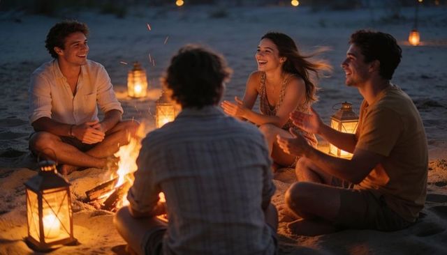 Friends laughing around bonfire on beach at dusk with lanterns, sparks and cozy glow
