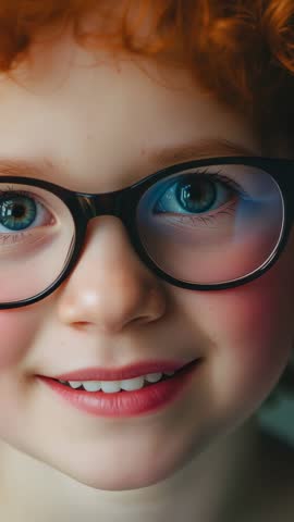 Smiling Red-Haired Child Wearing Round Black Glasses Reacting Closeup Vertical Headshot Video
