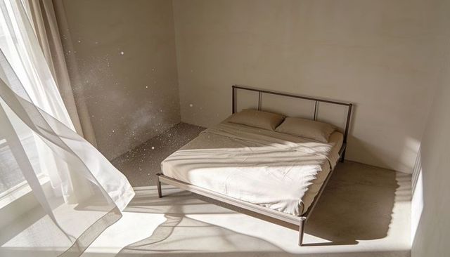 Sunlight streaming through sheer curtain over minimalist metal bed with floating dust motes