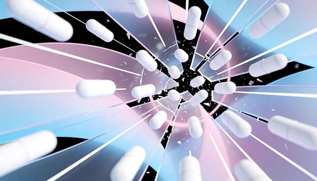 Swirling white capsules converging into black vortex with pastel ribbons and glass shards
