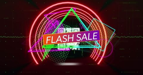 Neon flash sale advertisement with vibrant geometric shapes