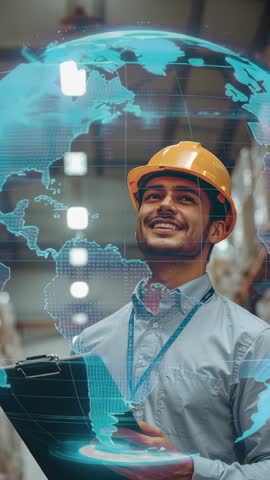 Warehouse Manager Wearing Hard Hat Monitoring Global Logistics Network with AR Globe Vertical Video