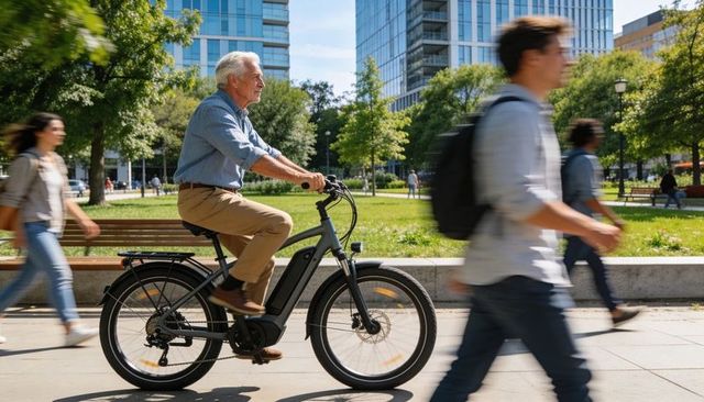 Senior man riding e-bike through sunlit urban park plaza for active retirement mobility