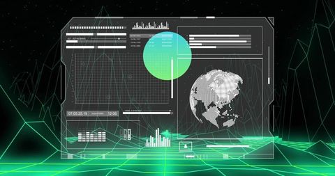 Futuristic holographic HUD projecting dotted 3D globe over neon wireframe grid