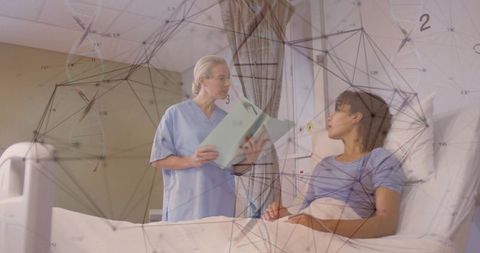 Nurse consulting patient in hospital bed with medical chart and dna network overlay