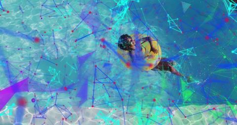 Aerial floating black woman wearing yellow ring in turquoise pool with network overlay
