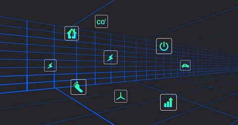 Neon-Grid Renewable Energy Interface Visualizing CO2, Wind, EV, Power and Energy Metrics