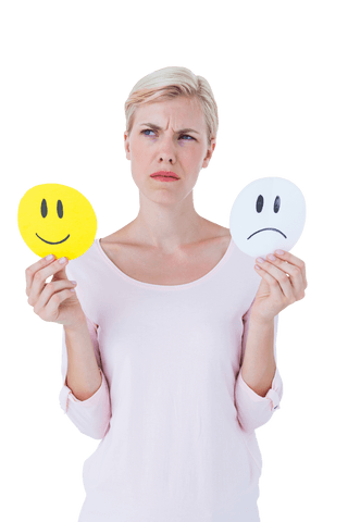 confused woman holding sad and happy smileys transparent background - Download Free Stock Videos Pikwizard.com