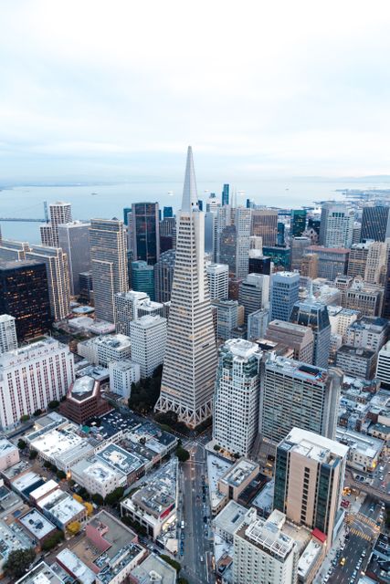 Aerial view of San Francisco downtown capturing the iconic Transamerica Pyramid amid other high-rise buildings. Ideal for use in content related to real estate, travel, urban planning, or California tourism. Great for illustrating modern architecture, city infrastructure, and metropolitan lifestyle.