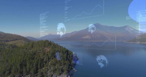 Blending digital data overlays with aerial mountain lake landscape for tech environment