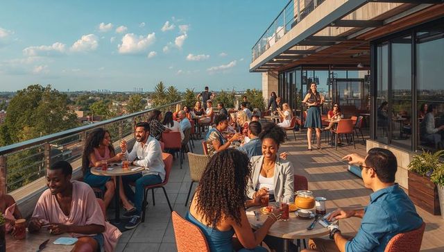 Rooftop terrace brunch crowd enjoying sunset city views, alfresco dining and socializing