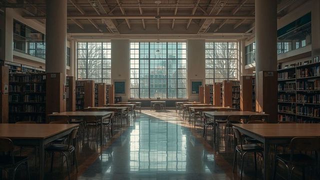 Sunlit Library Hall Features Architectural Elegance and Serenity