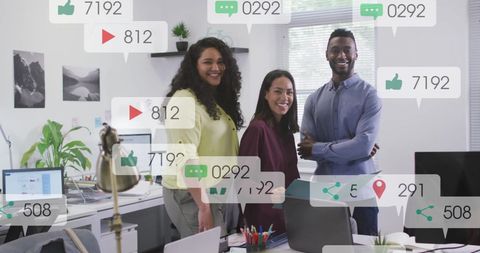 Diverse Coworkers Smiling with Social Media Interaction Overlays