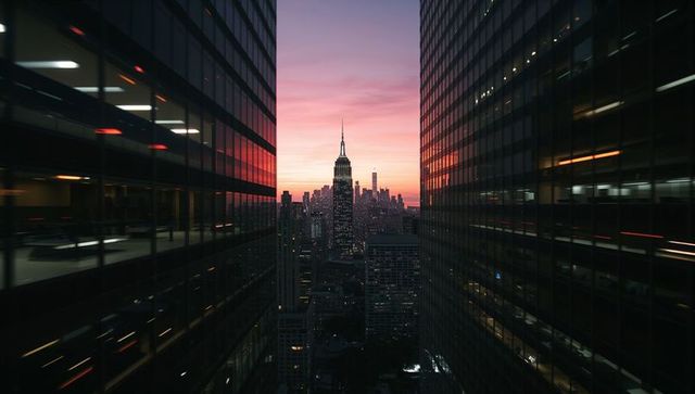 Empire state building framed by towers during vibrant sunset