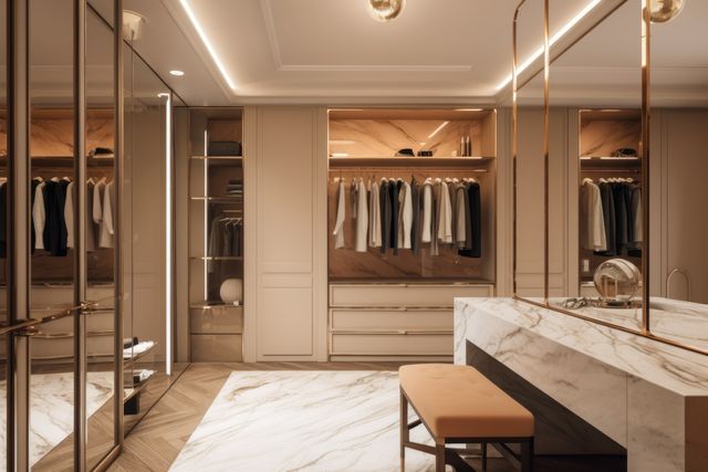 Modern light walk in wardrobe with mirrors, created using generative ai technology. Interior design, home decor and clothes storage concept digitally generated image.
