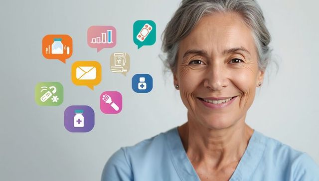 Senior nurse smiling in scrubs with telehealth and medication app icons for digital care