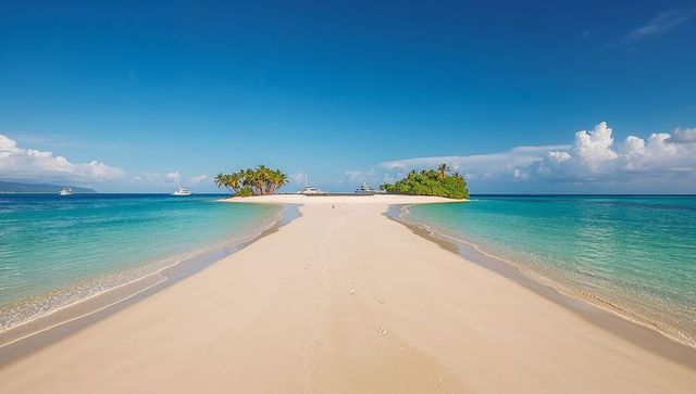 White sandbar leading toward palm cay with turquoise lagoon, footprints and yachts