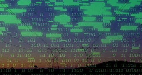 Transmission Towers at Dusk with Binary Overlay Symbolizing Digital Connectivity