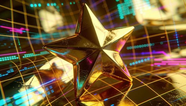 Faceted gold star on neon holographic grid reflecting futuristic tech glow