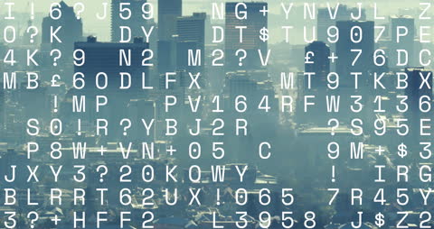 Digital Encryption Overlay on Cityscape