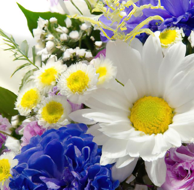Image of close up of bouquet of fresh multi coloured flowers. Flowers, plants, colour and nature concept.