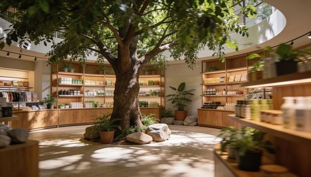 Sunlit indoor tree boutique bringing nature into retail under circular skylight