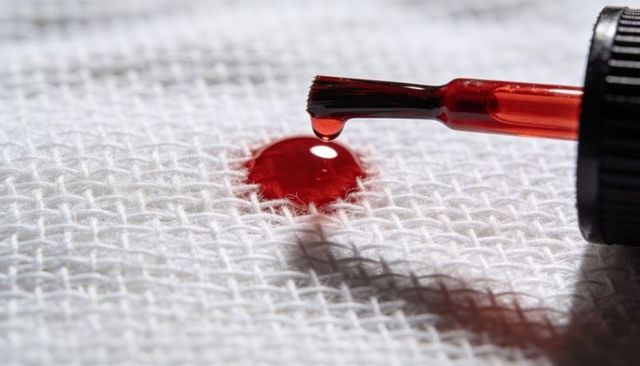 Red nail polish droplet forming on white woven fabric with brush tip and black cap