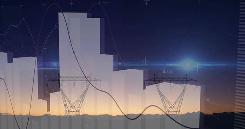 Dusk Energy Data Overlay with High-Voltage Transmission Towers and Urban Graph Visualization