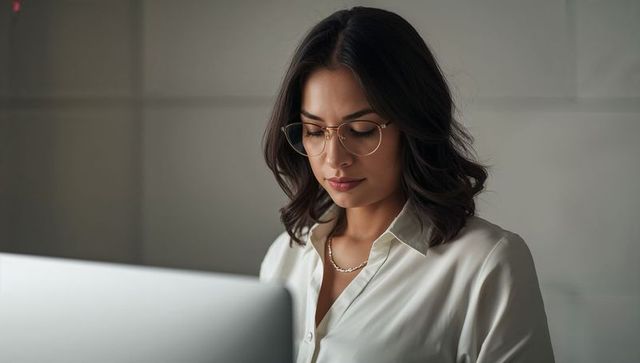 Focused professional woman typing at computer wearing round eyeglasses in minimalist office