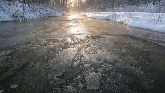 Flowing sunlit partially frozen creek with cracked ice and morning mist in snowy woodland