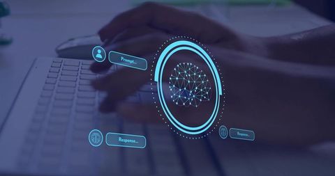 Female hands typing with ai neural network hologram over laptop keyboard, futuristic blue ui
