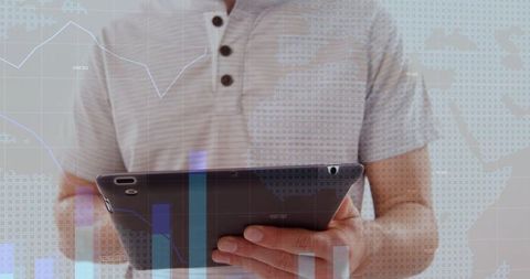 Man Holding Tablet Using Data Visualization Overlays for Business Analytics and Reporting
