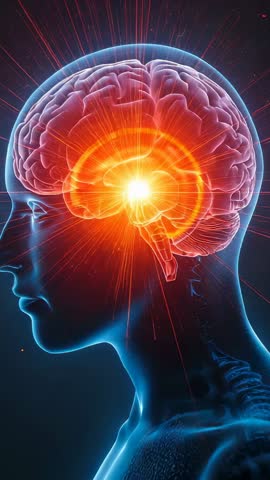 Pulsing Brain Core Inside Translucent Head Vertical Video Showing Neural Activation