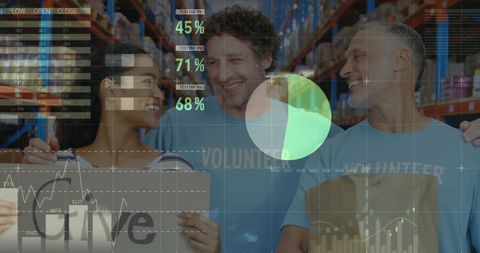 Diverse Volunteers in Warehouse with Financial Overlays