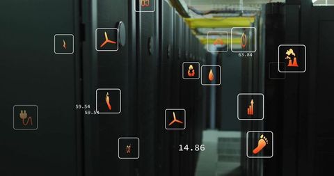 Ecology icons and data over server room illustrating digital interface