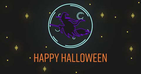 Neon halloween design with flying witch and festive elements