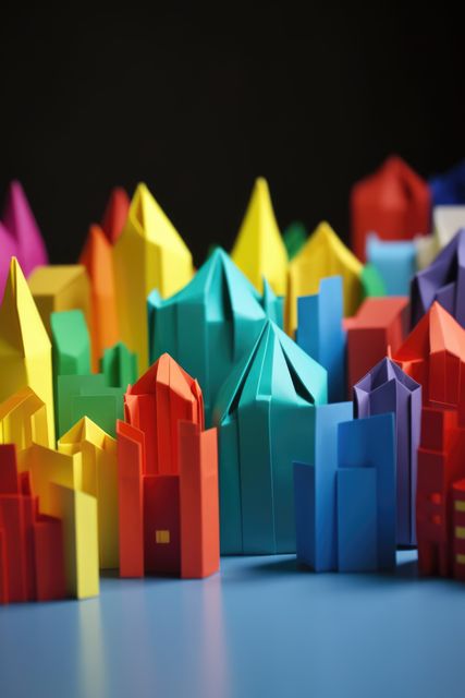 Origami cityscape on dark background, created using generative ai technology. Cityscape, origami art and architecture concept digitally generated image.