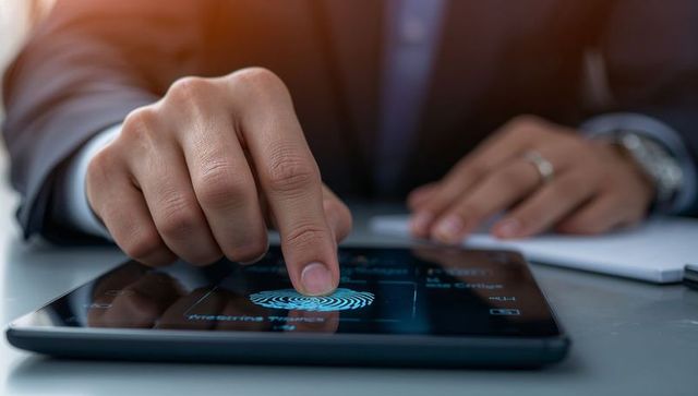 Businessman authenticating with fingerprint on tablet for secure access and verification