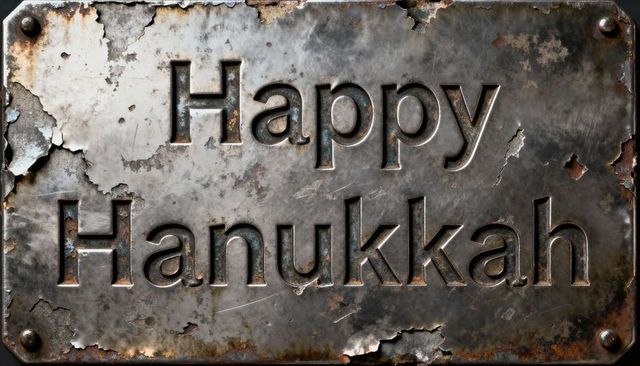 Rusty embossed happy hanukkah metal plaque with weathered patina and rivets
